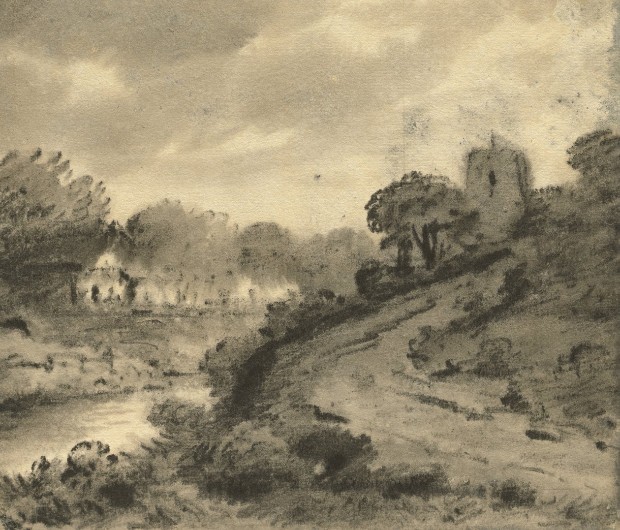 Zalesněná říční krajina se skálou v levém popředí, cca 1800 od Thomas Monro