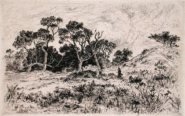 Jižní vítr a zatažená obloha Vyhlašují to lovecké ráno (lept) od Thomas Moran