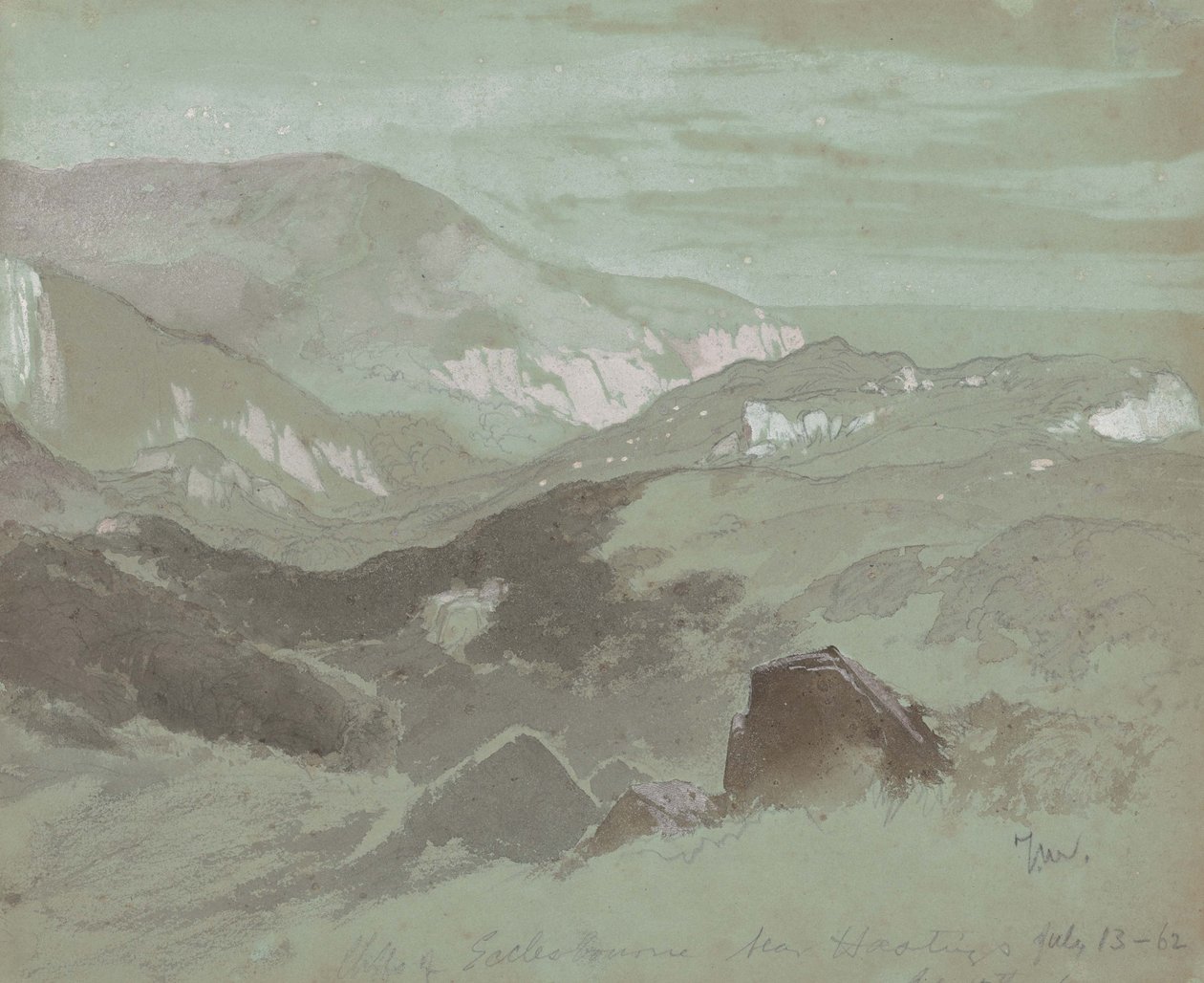 Cliffs of Ecclesbourne poblíž Hastings, 1862 (grafit s praním na šedém tkaném papíře) od Thomas Moran