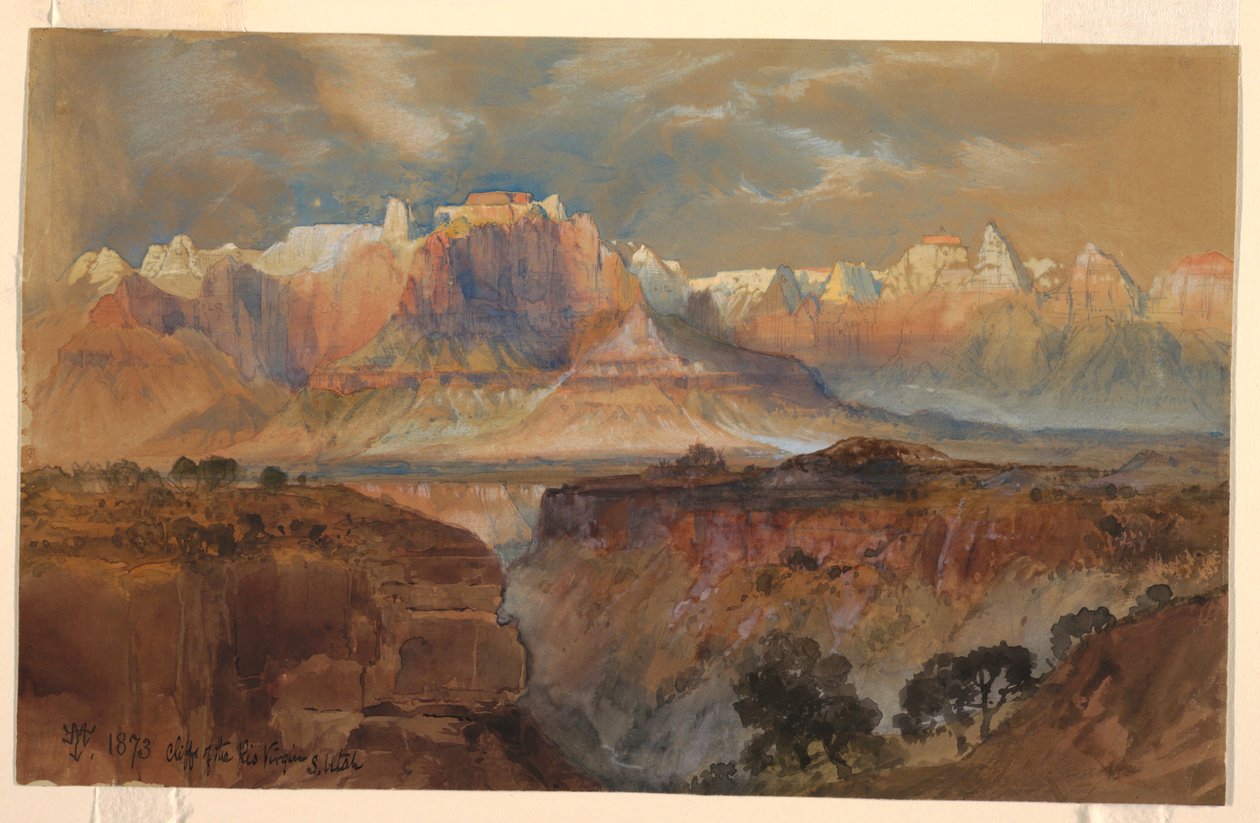 Kresba, Útesy Rio Virgin, jižní Utah, 1873 od Thomas Moran