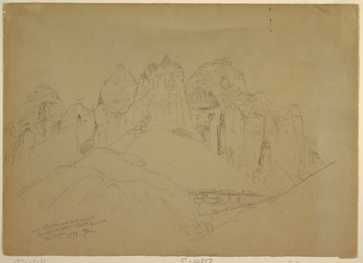 Kresba, Řeka Rio Virgin s velkými skalními útvary, 1873 od Thomas Moran