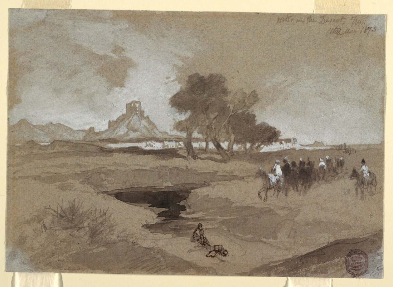 Kresba, Vodní díra v poušti, Utah, 1873 od Thomas Moran