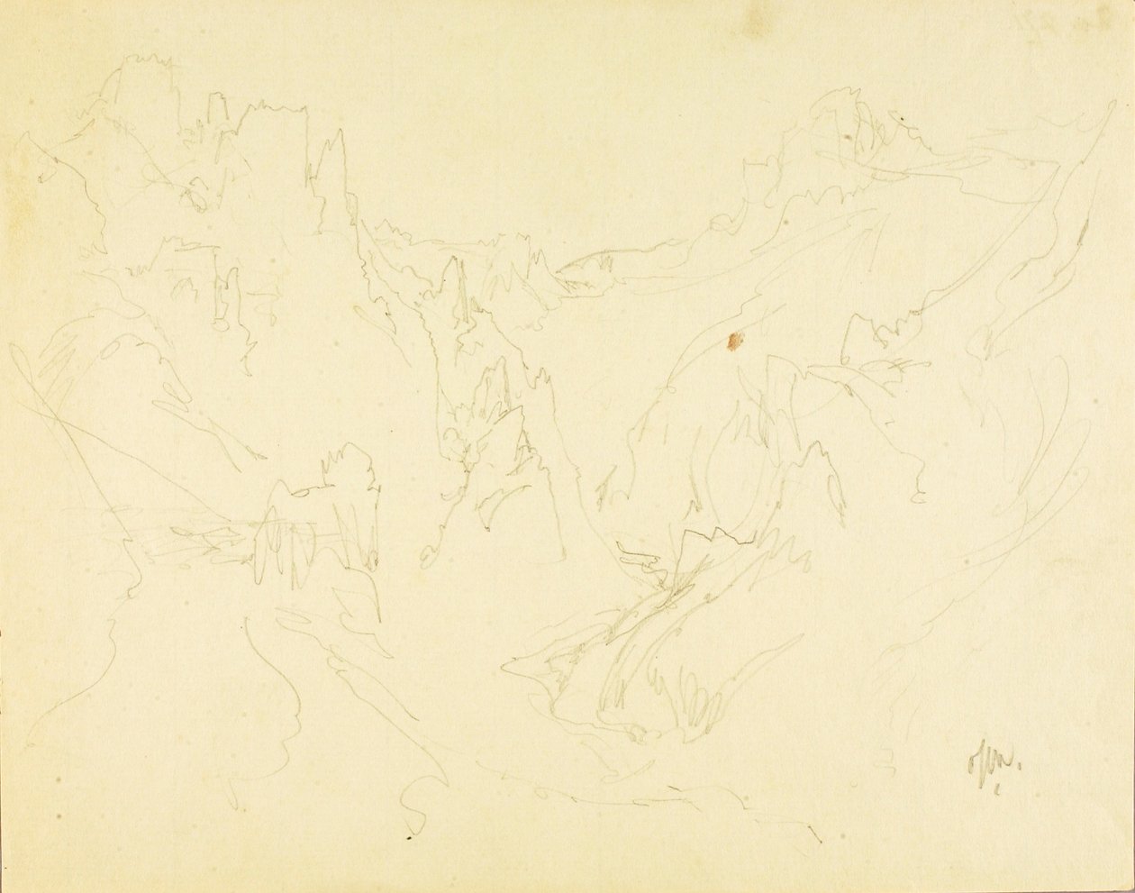 Terénní náčrtek Skalnatého kaňonu od Thomas Moran