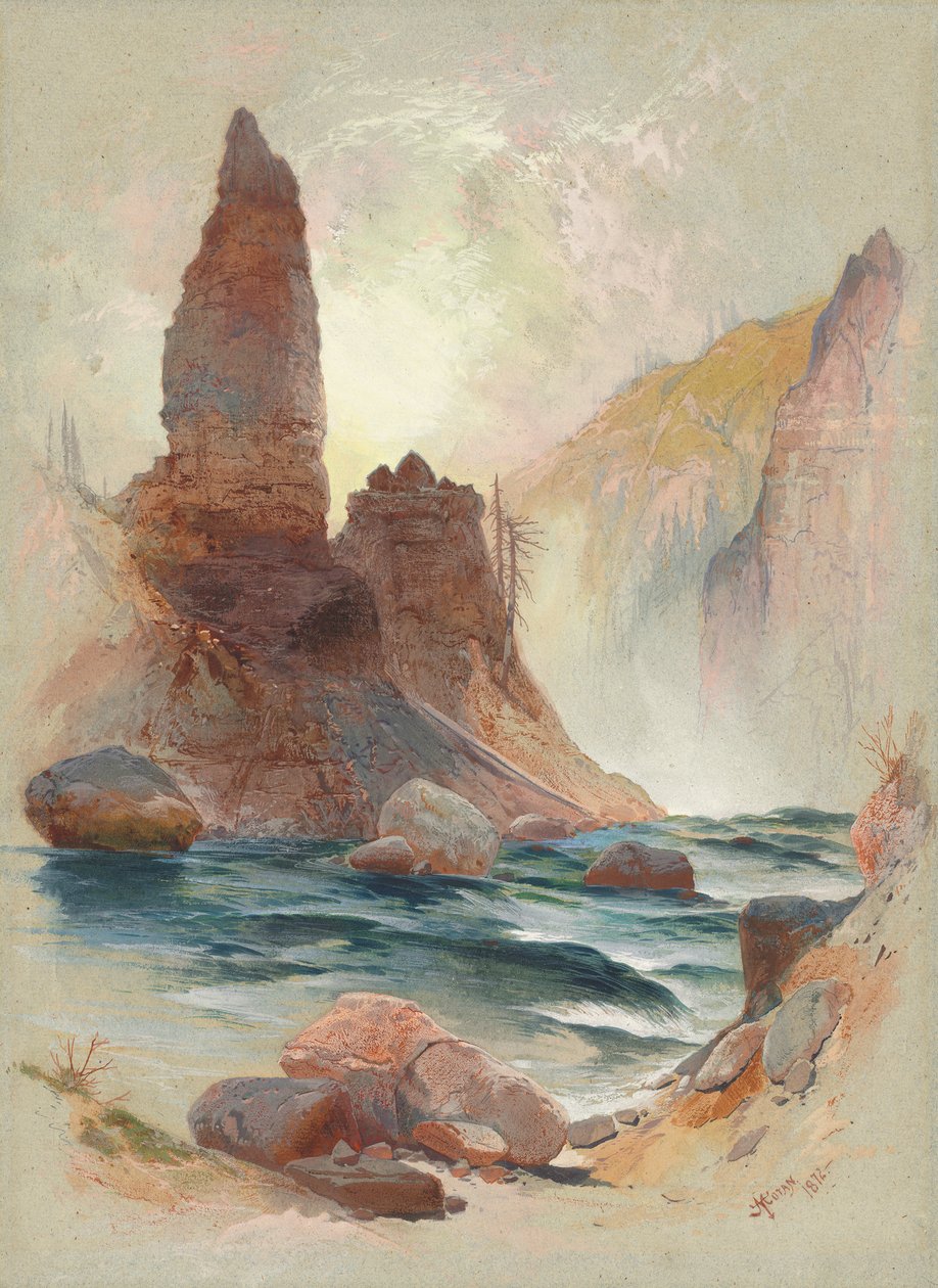 Tower at Tower Falls, Yellowstone, 1872 (akvarel a kvaš přes grafit) od Thomas Moran