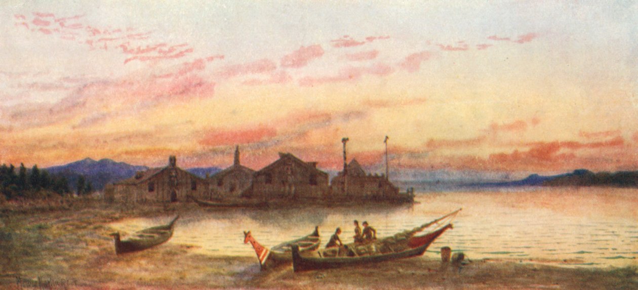 Vesnice Siwash, pobřeží Tichého oceánu (barevná litografie) od Thomas Mower Martin