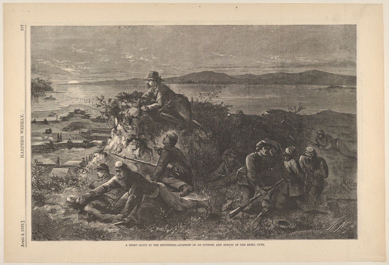Noční zvěd na jihozápadě – Překvapení základny a Průzkum rebelů ..., 4. dubna 1863. od Thomas Nast