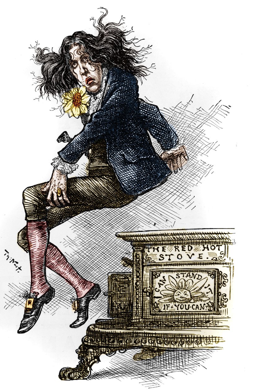 Kreslený film Oscara Wildea (1854-1900), oblečený v dandy, vytvořený během jeho cesty do Spojených států v roce 1882. Kresba Thomase Nasta (1840-1902) v „“Harper