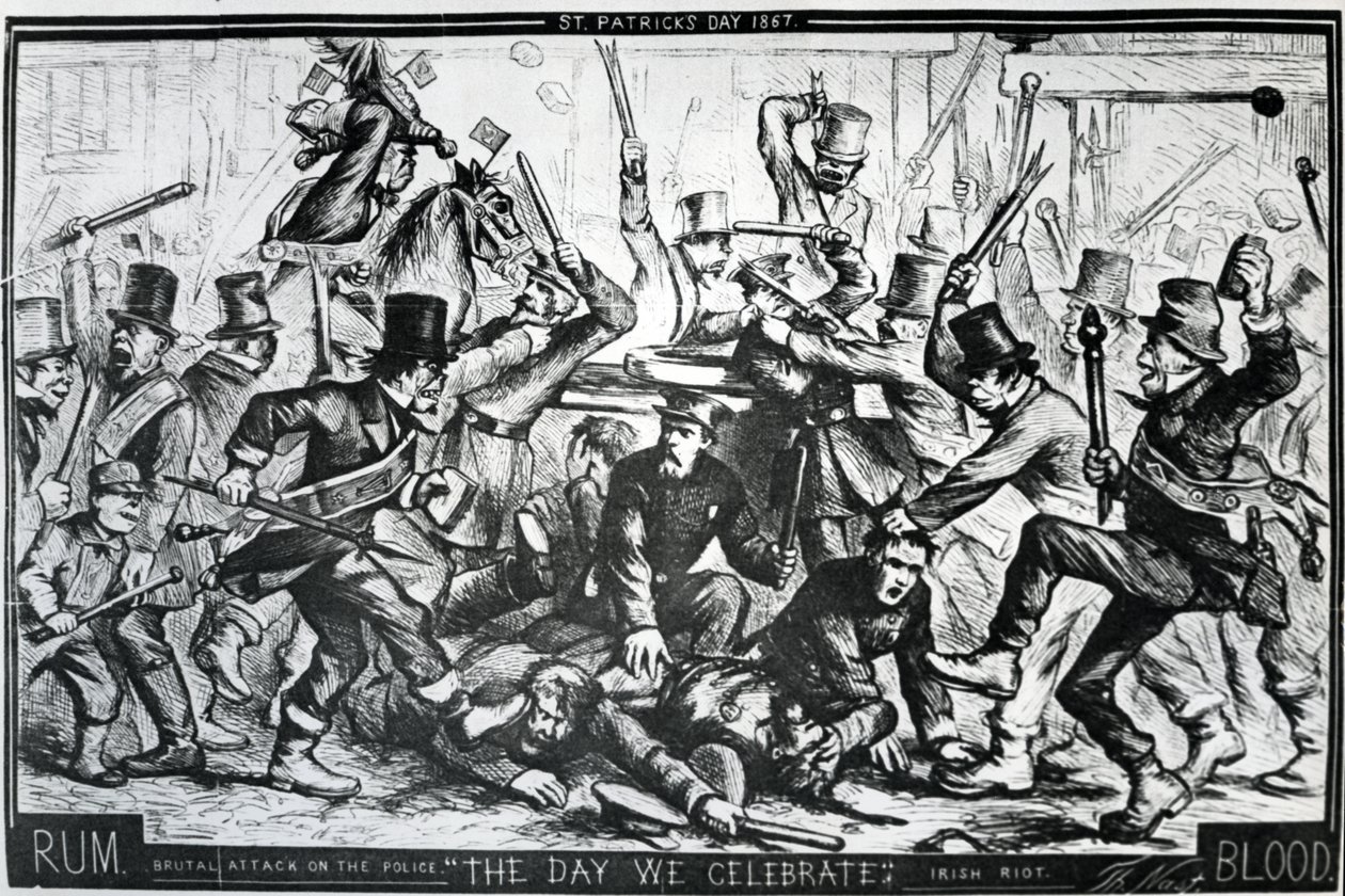 Kreslený film zobrazující nepokoje v New Yorku na Den svatého Patrika 1867, publikovaný v Harper
