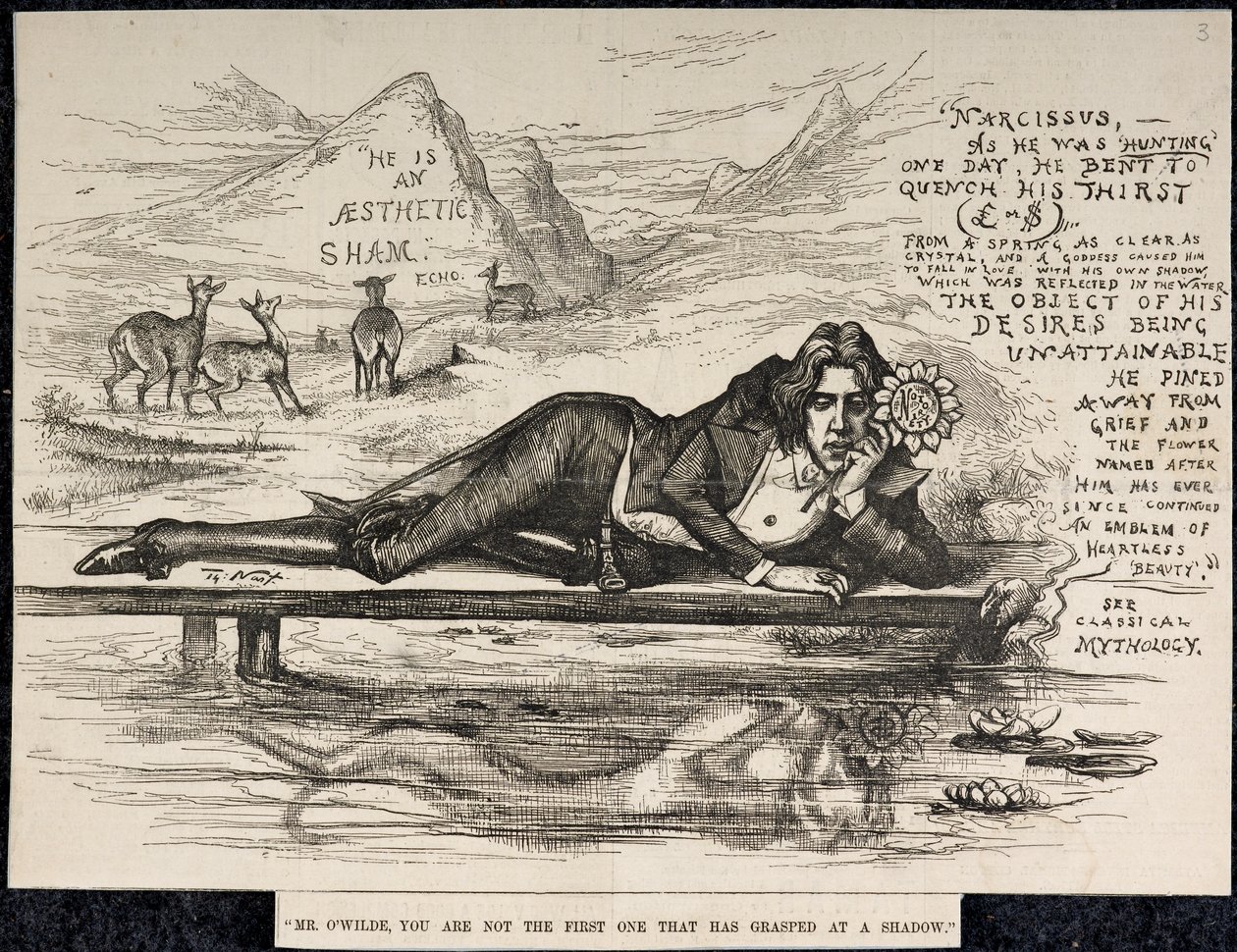 Oscar Wilde jako Narcis (s nápisem) (rytina) od Thomas Nast