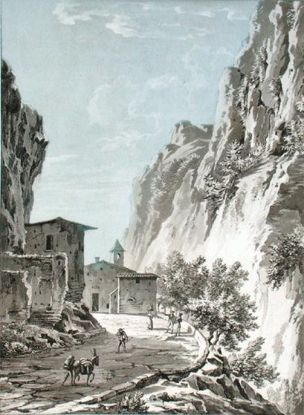 Vesnice Gondo na průsmyku Simplon, ilustrace z „Voyage Pittoresque et Historique du Nord d