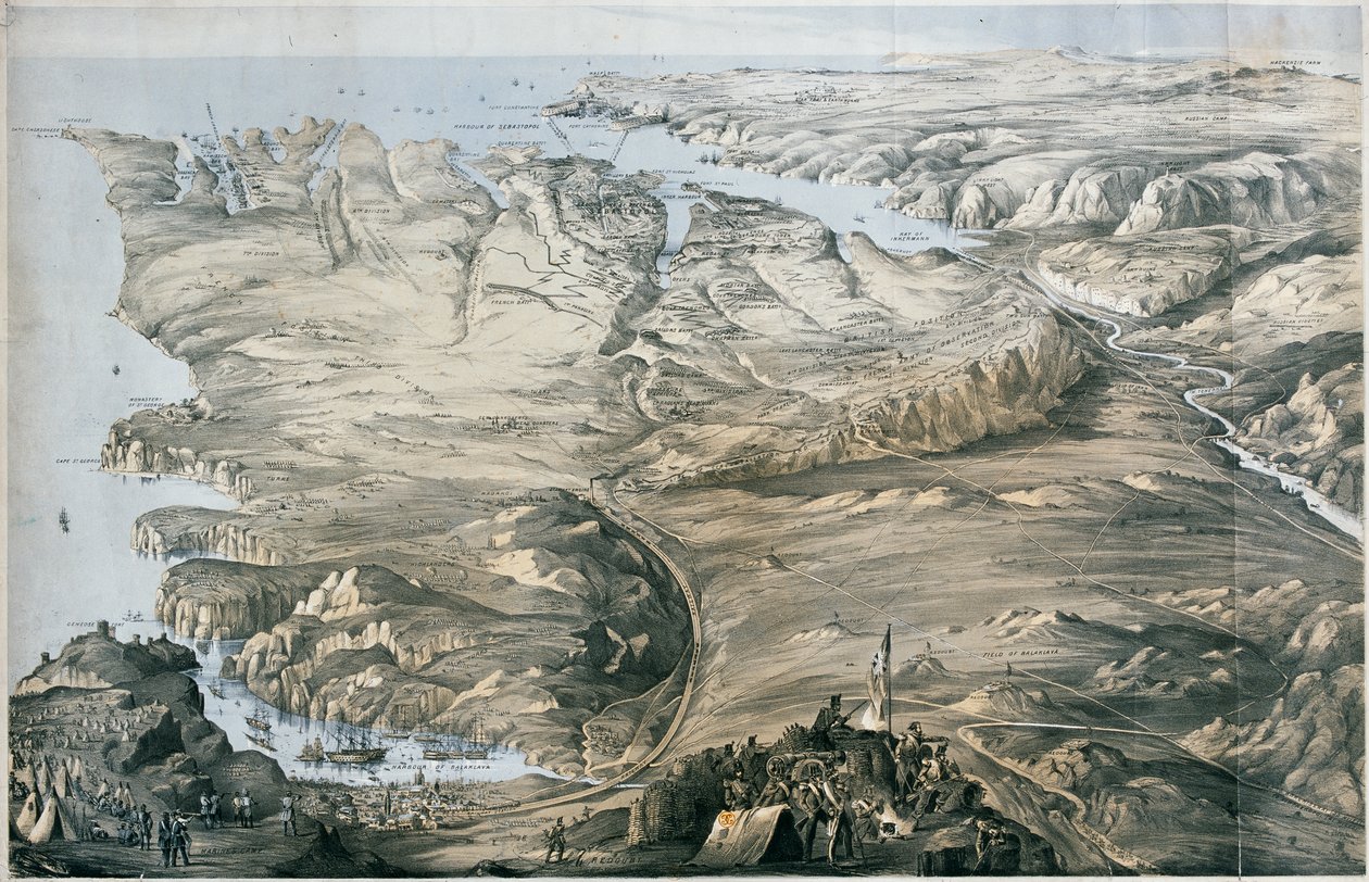 Panoramatický pohled na opevnění spojeneckých armád Anglie a Francie před Sebastopolem (litografie, tónovaná) od Thomas Packer