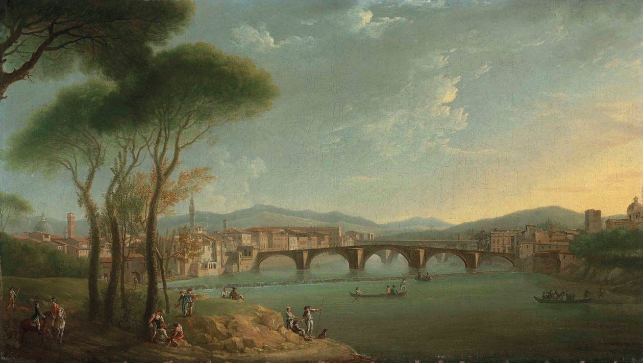 Pohled na Arno ve Florencii z Cascine Gardens s postavami rybařícími a odpočívajícími na skalách v popředí, Ponte alla Carità a Ponte Vecchio za nimi od Thomas Patch