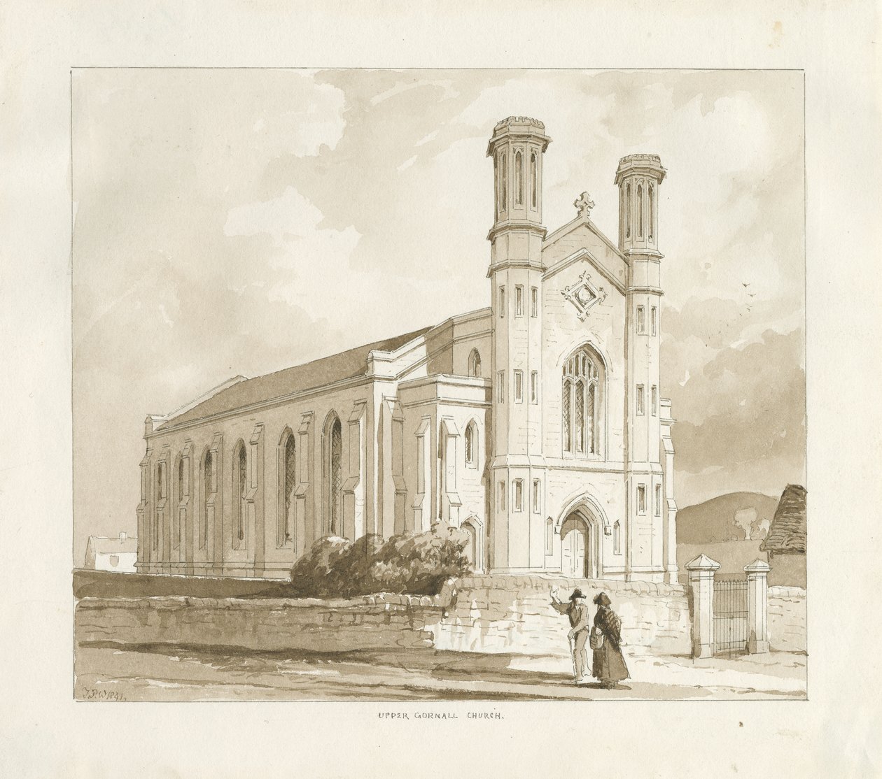 (Horní) Gornal Church: sépiová lavírovaná kresba od Thomas Peploe Wood