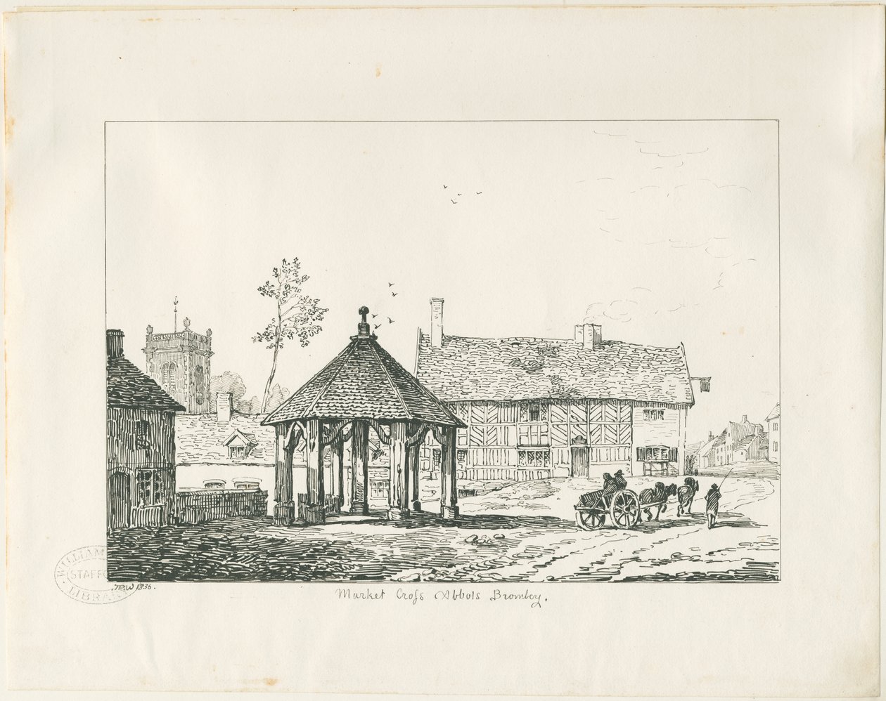Abbots Bromley - Tudor Market Cross and House: kresba perem a tuší od Thomas Peploe Wood