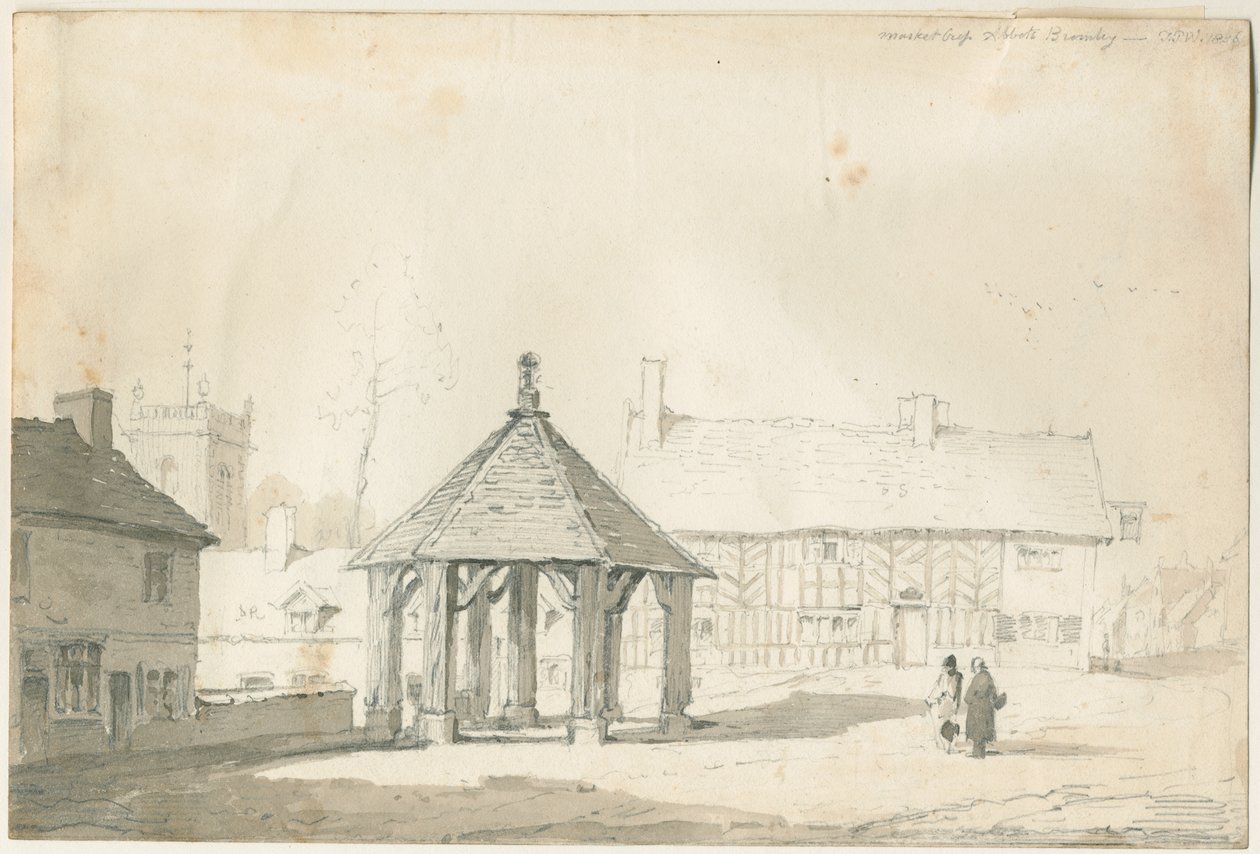 Abbots Bromley Tudor - Market Cross and House: kresba tužkou a lavírováním od Thomas Peploe Wood