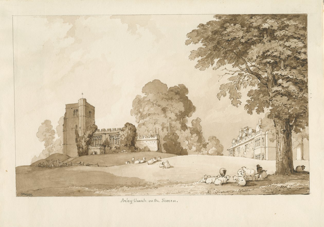 Arley Church: sépiová kresba, 1837 od Thomas Peploe Wood