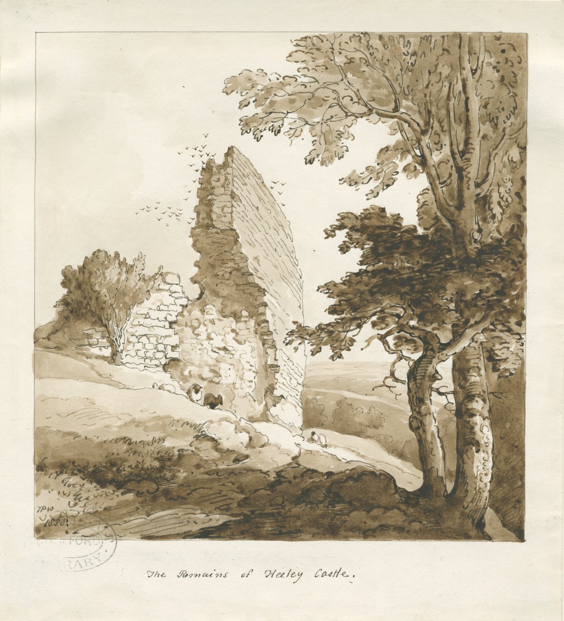 Audley - Heeley Castle: sépiová kresba od Thomas Peploe Wood