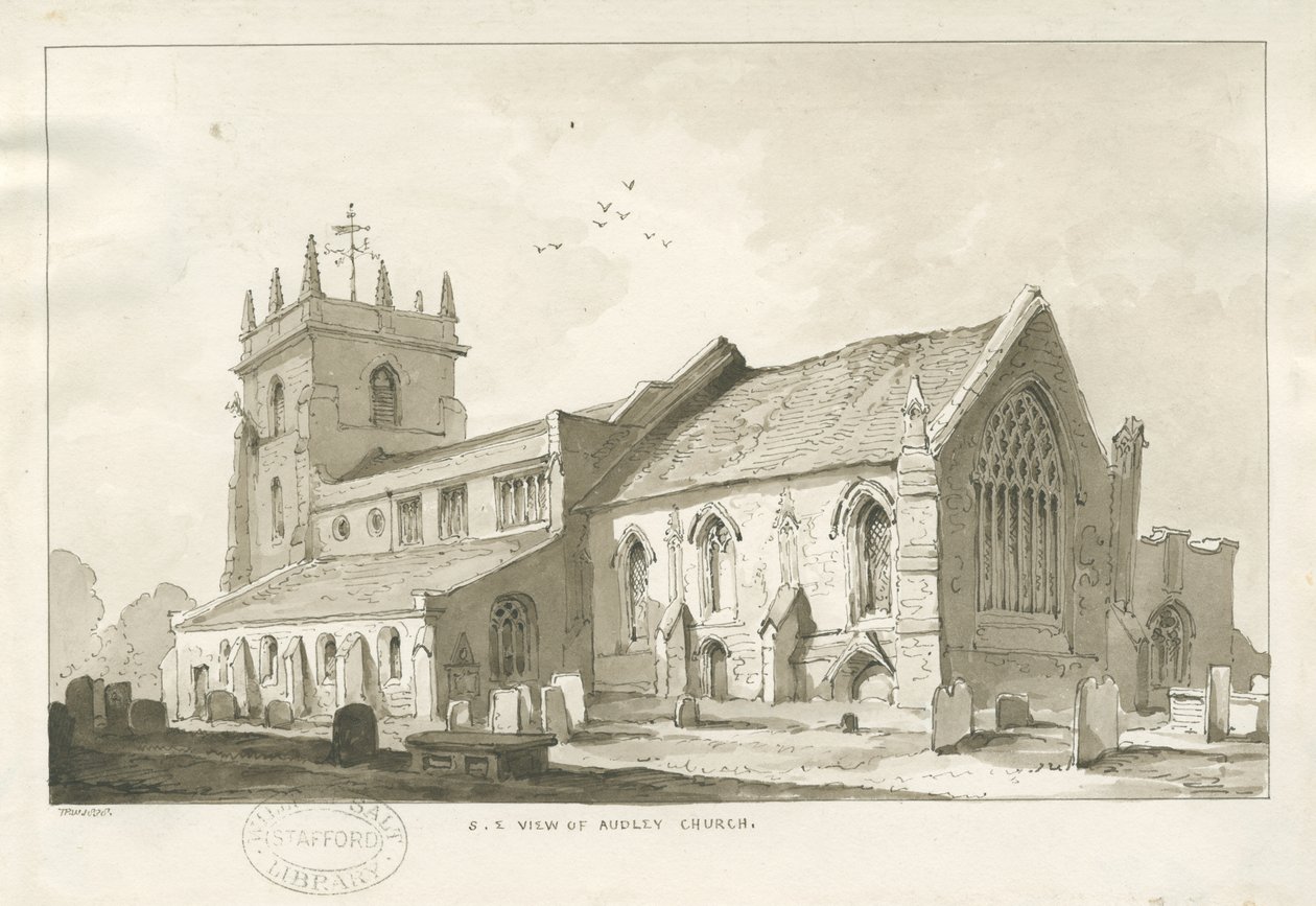 Audley Church: sépiová kresba od Thomas Peploe Wood