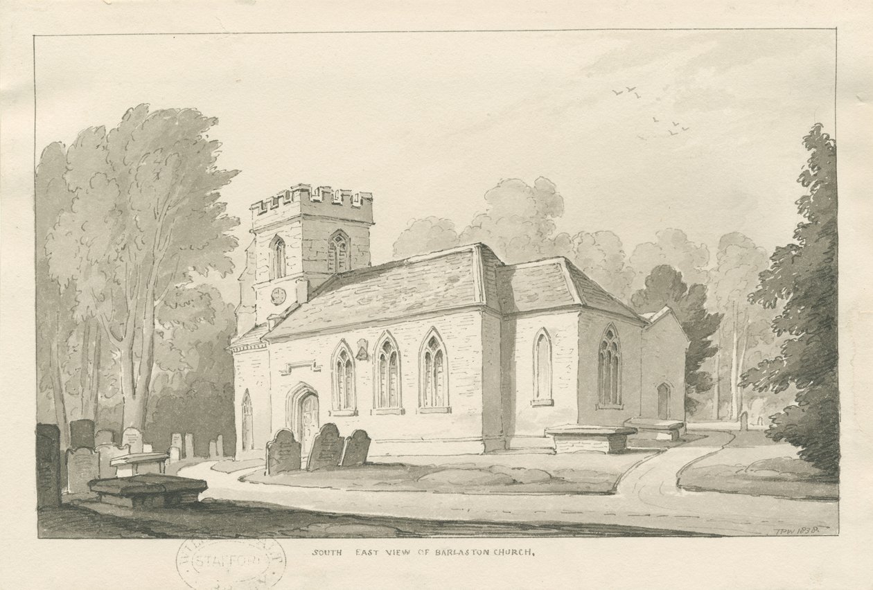 Barlaston Church: perokresba, 1838 od Thomas Peploe Wood