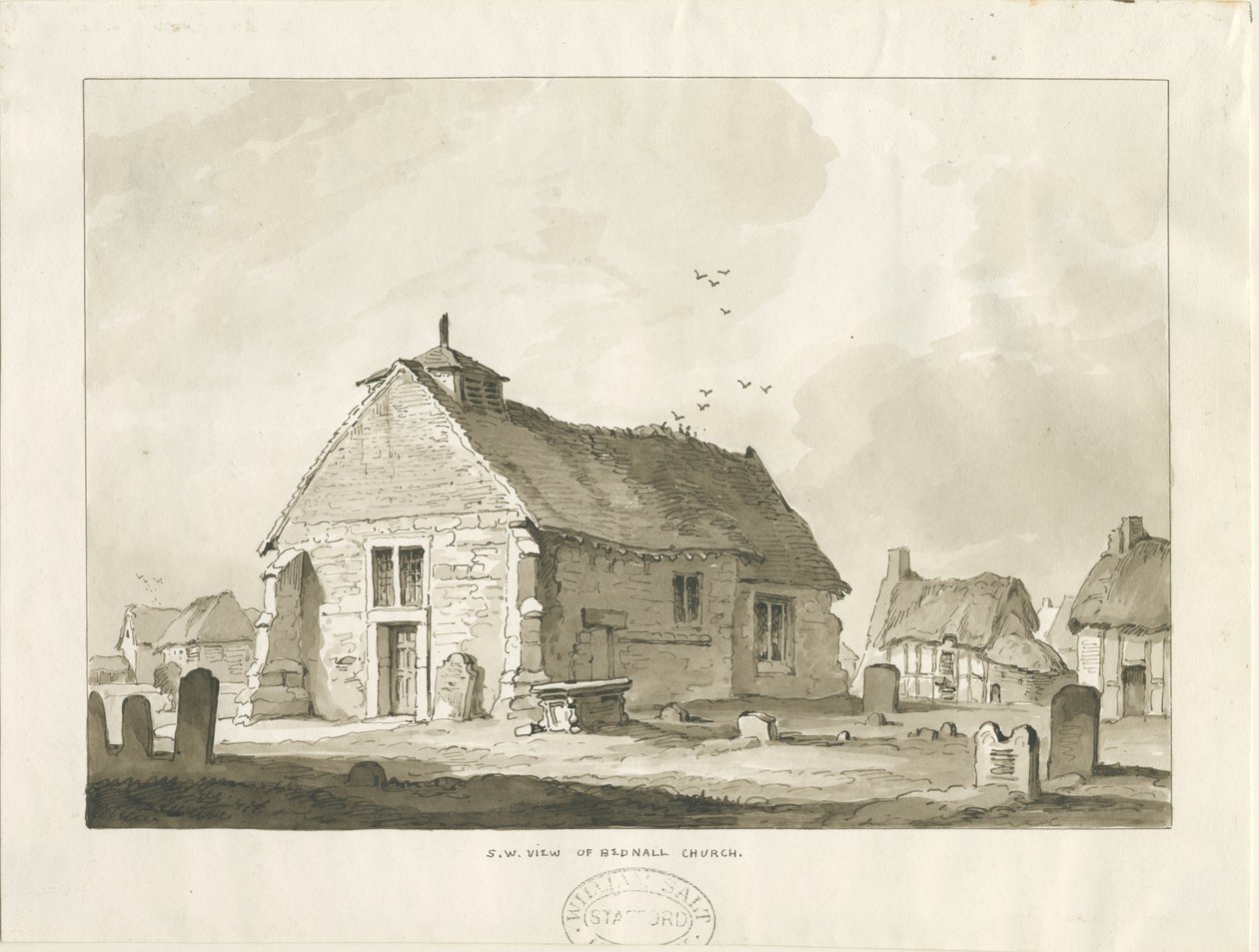 Bednall Church: kresba sépie, nd [? 1838] od Thomas Peploe Wood