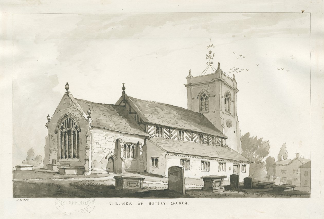 Betley Church: sépiová kresba, 1838 od Thomas Peploe Wood