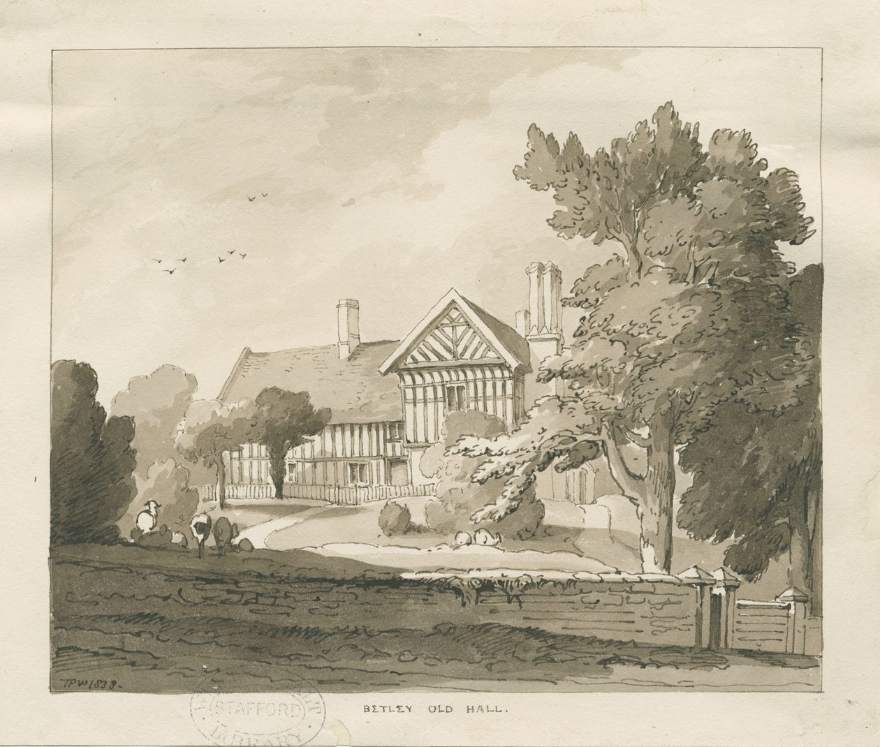 Betley Old Hall: sépiová kresba, 1838 od Thomas Peploe Wood
