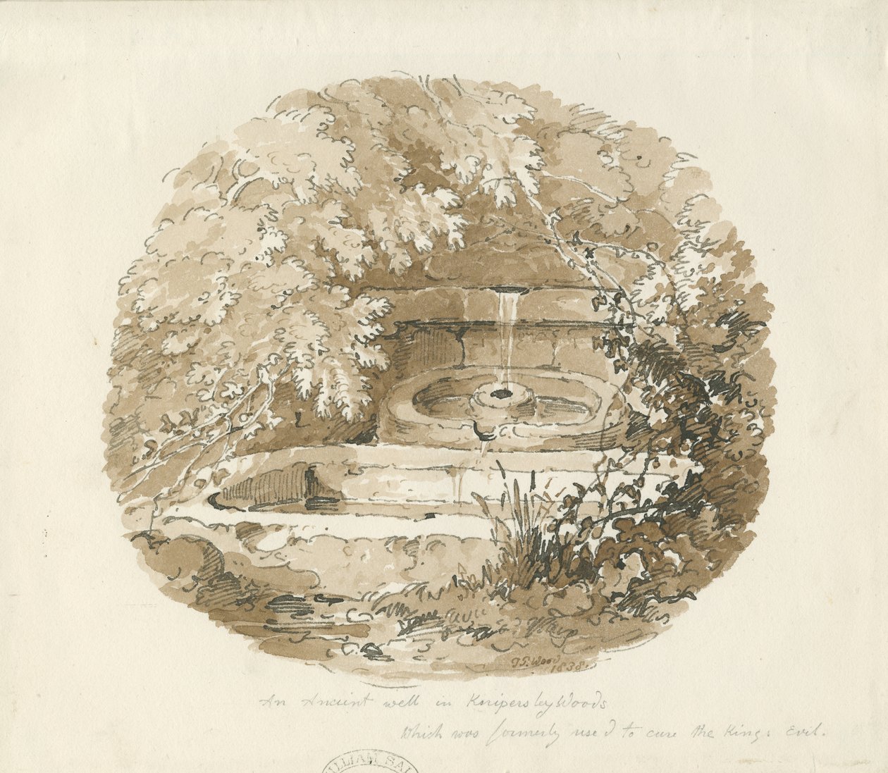Biddulph - Ancient Well in Knypersley Woods: sépiová kresba od Thomas Peploe Wood