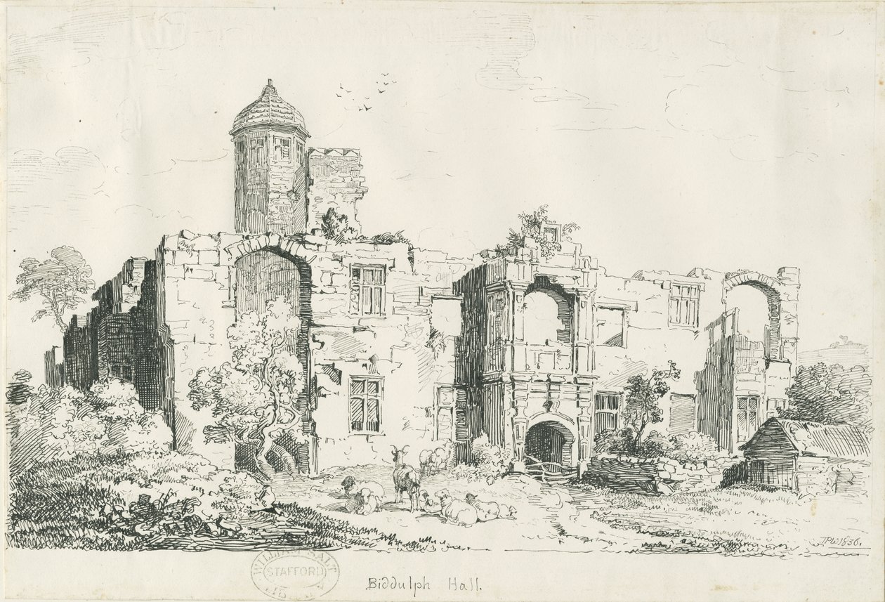 Biddulph Hall (starý) : kresba perem a tuší od Thomas Peploe Wood