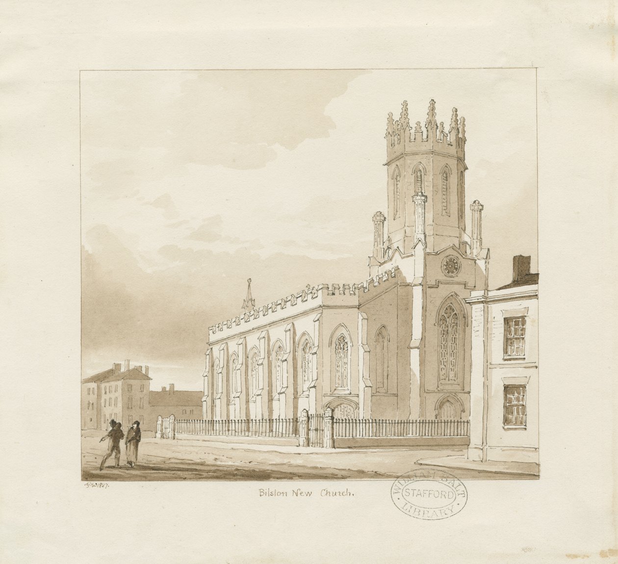 Bilston - Kostel Panny Marie: sépiová kresba, 1837 od Thomas Peploe Wood