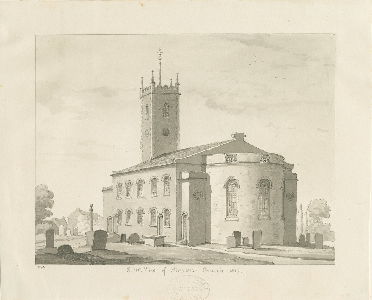 Bloxwich Church: sépiová kresba, 1837 od Thomas Peploe Wood