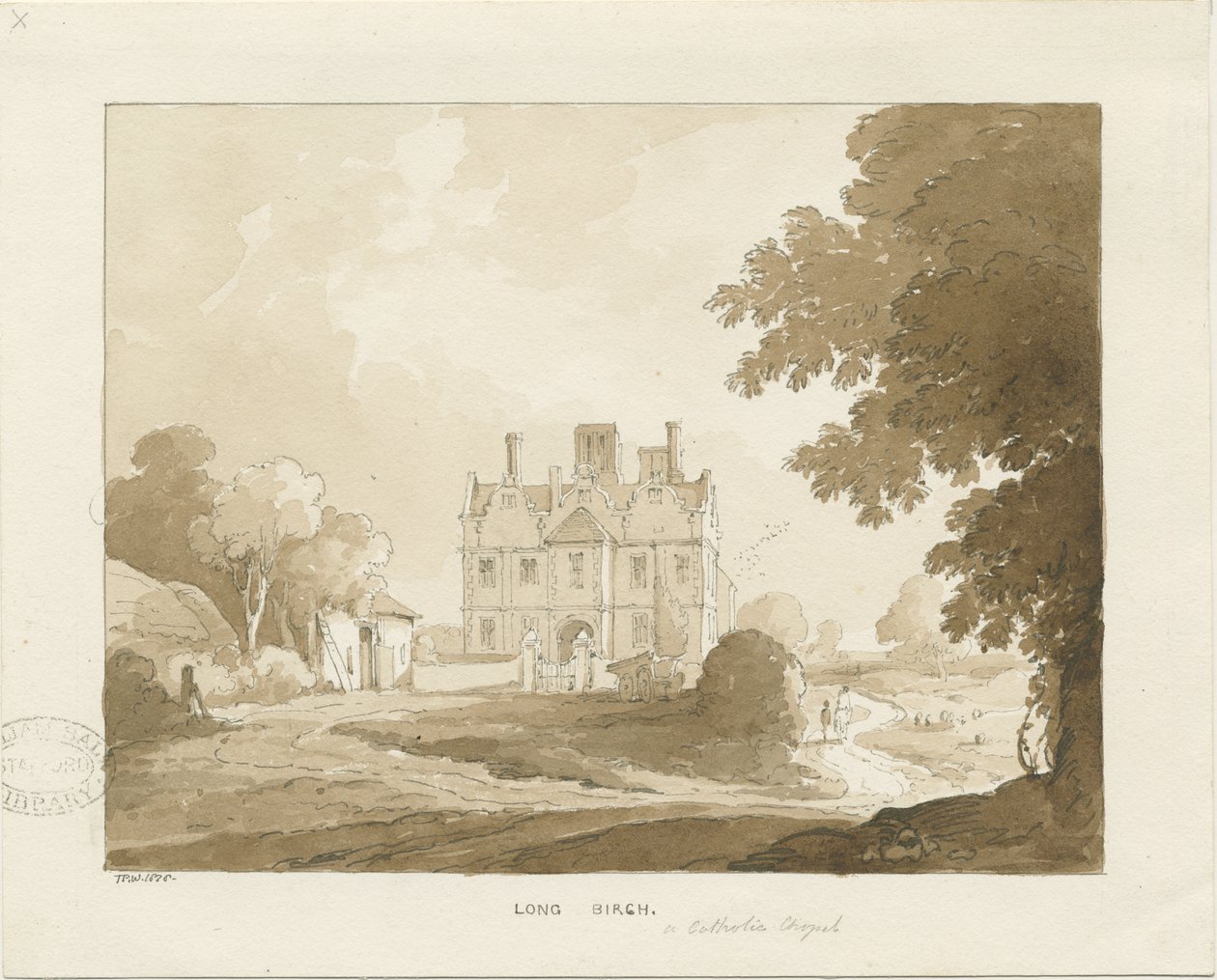 Brewood - Long Birch Hall: sépiová kresba, 1838 od Thomas Peploe Wood