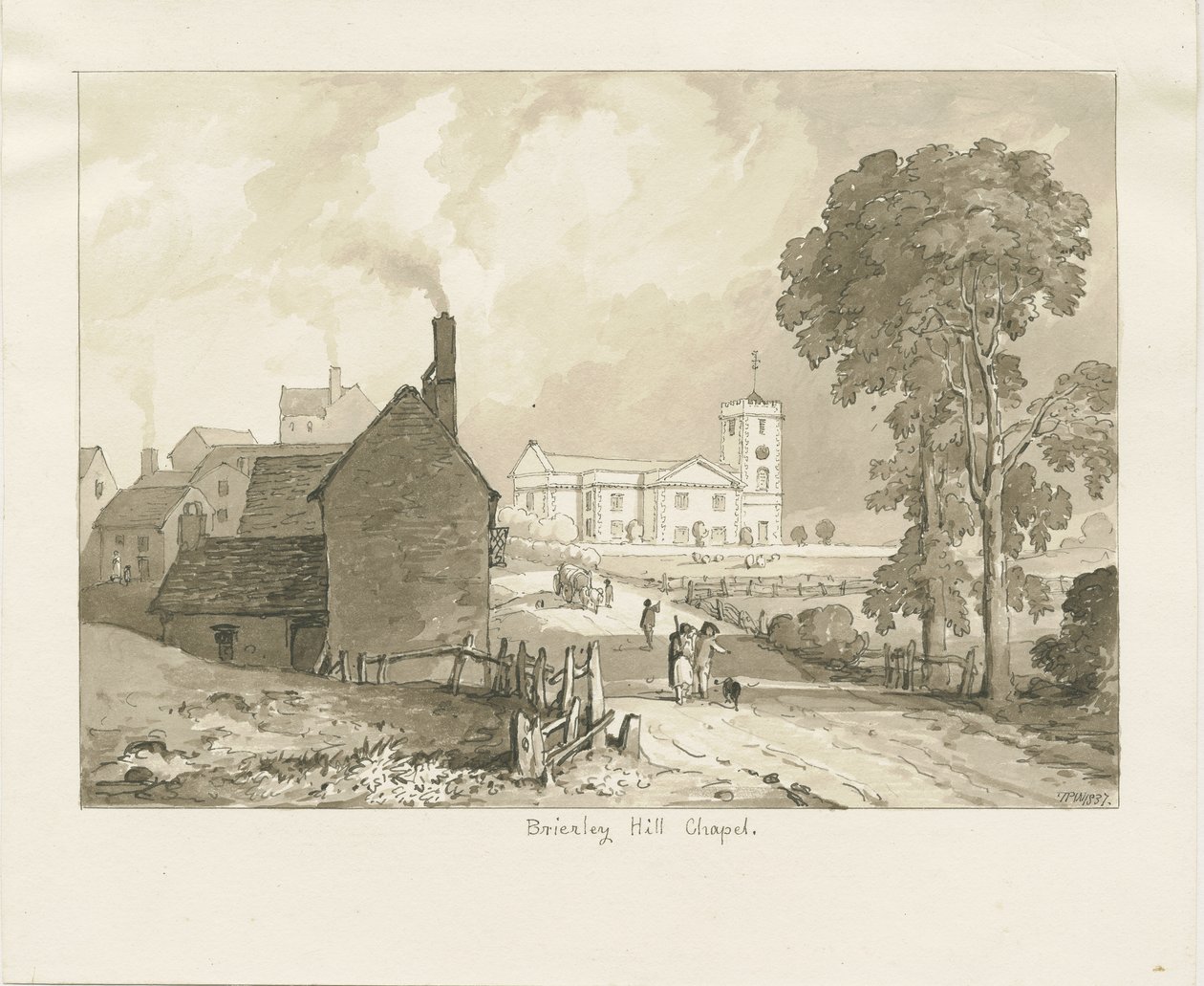 Brierley Hill Chapel: sépiová kresba, 1837 od Thomas Peploe Wood