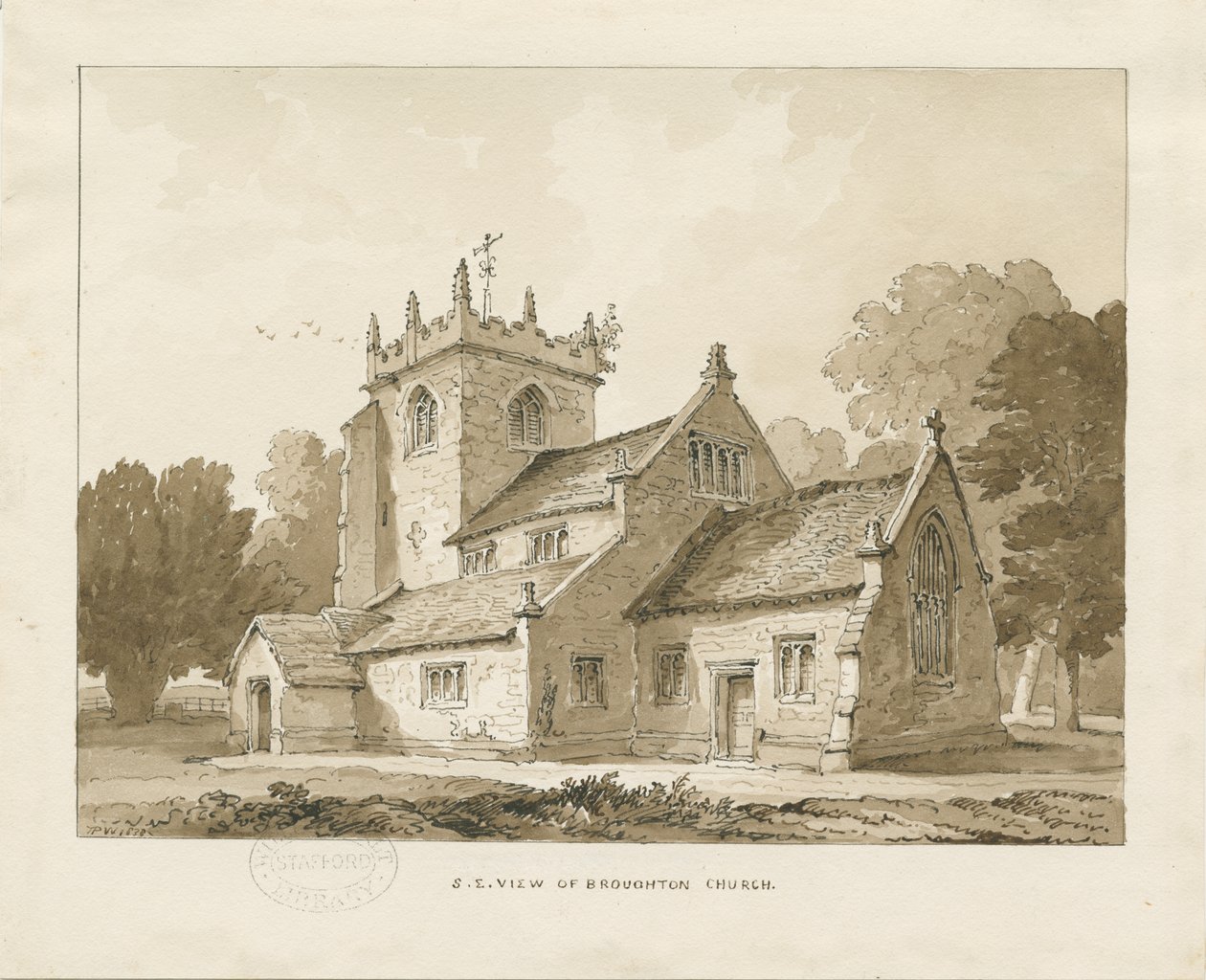 Broughton Church: sépiová kresba, 1838 od Thomas Peploe Wood