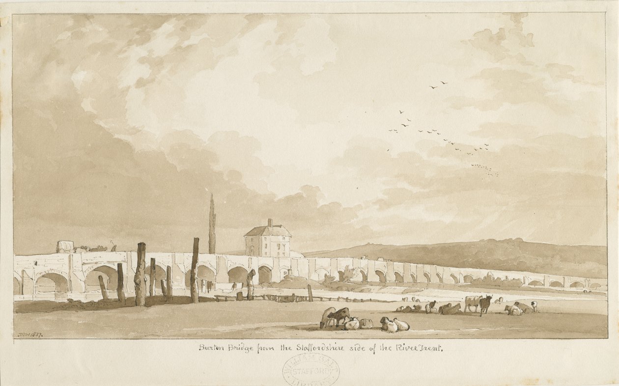 Most a město Burton-upon-Trent: sépiová kresba, 1837 od Thomas Peploe Wood