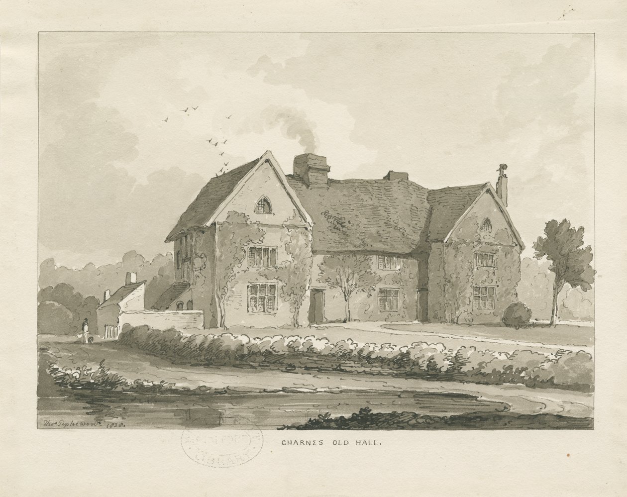 Charnes Hall: sépiová kresba od Thomas Peploe Wood
