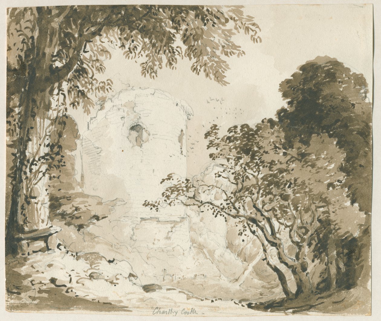 Chartley Castle: kresba tužkou a lavírováním, nd [1837-1838] od Thomas Peploe Wood
