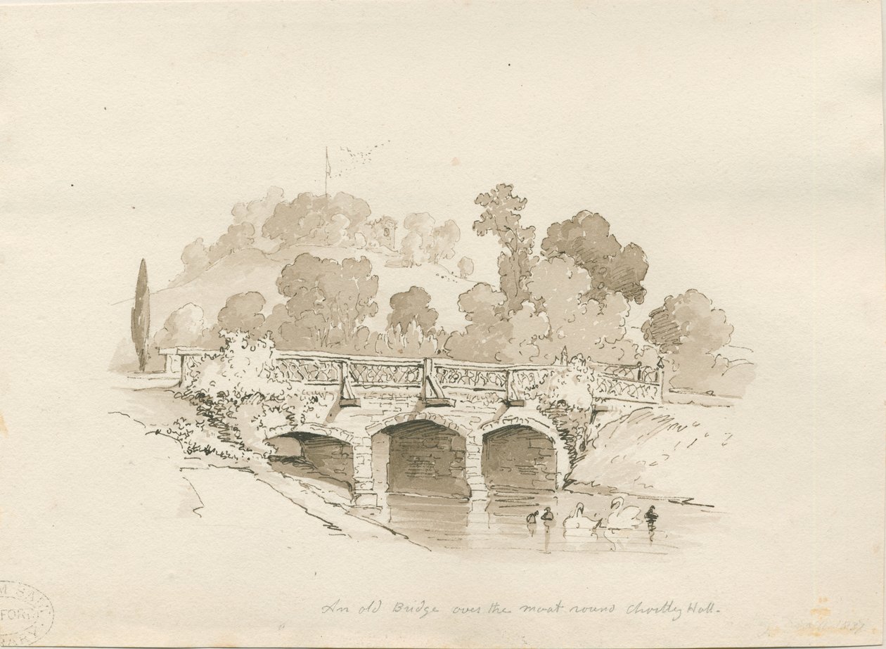 Chartley Hall: skica perem a mytím, 1837 od Thomas Peploe Wood