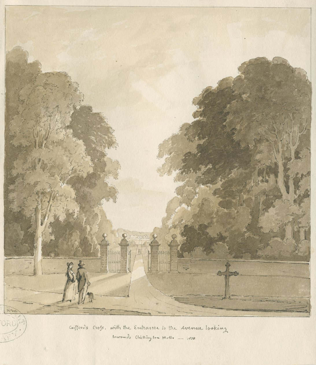 Chillington Hall - "Giffardův kříž": sépiová kresba, 1838 od Thomas Peploe Wood
