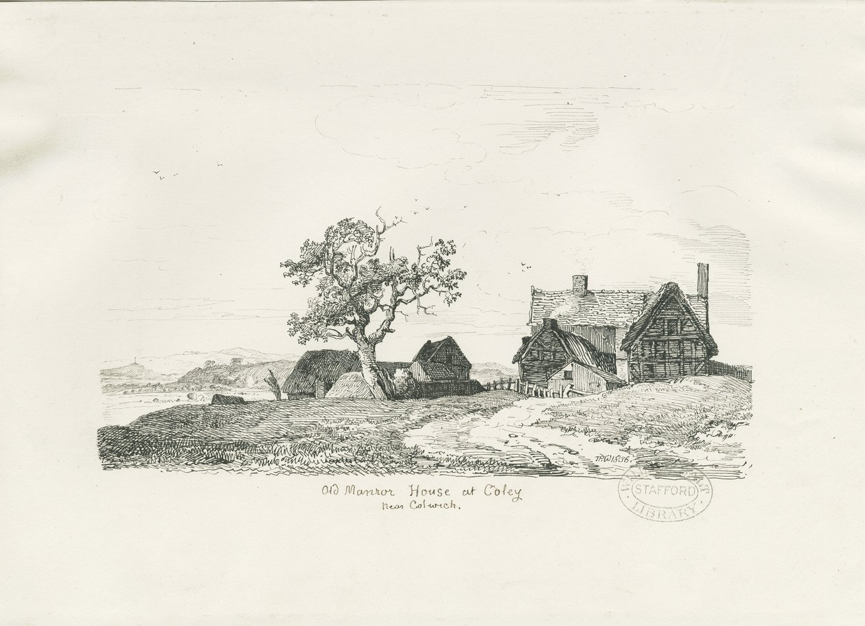 Colwich - Old Manor House at Coley: kresba perem a tuší, 1836 od Thomas Peploe Wood