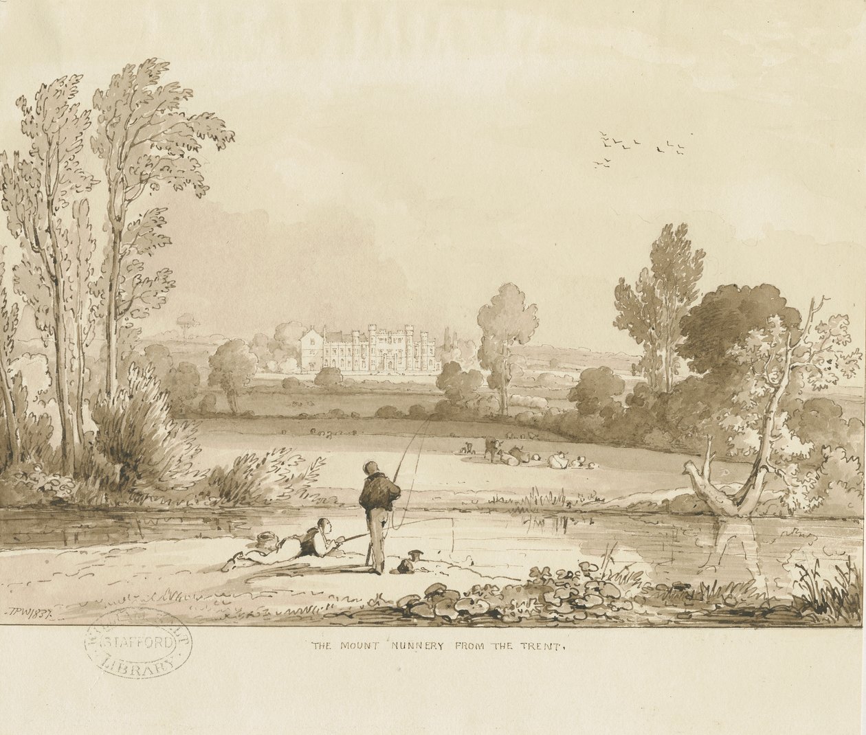 Colwich - The Mount Nunnery: sépiová kresba, 1837 od Thomas Peploe Wood