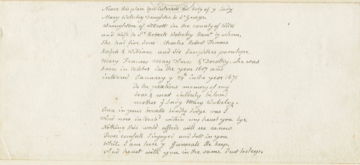 Colwich - nápis na památníku Wolseley: pero, nd [1839] (rukopis) od Thomas Peploe Wood