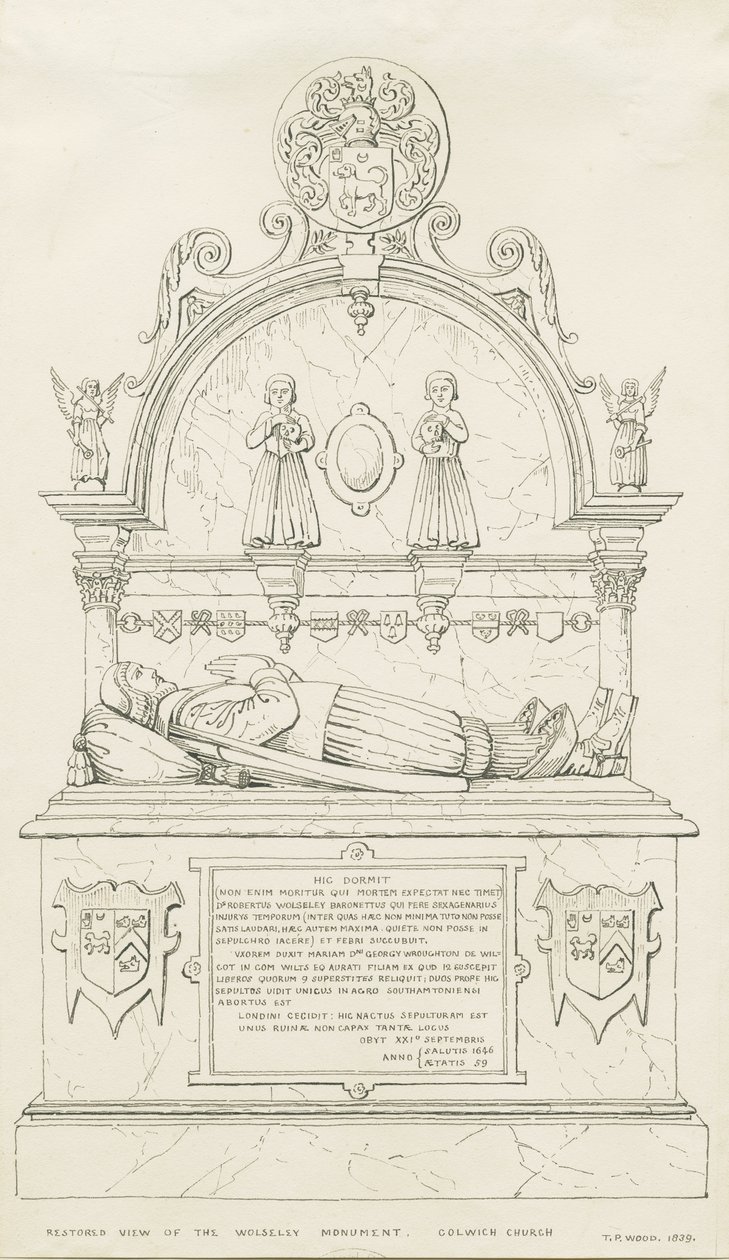 Colwich - Wolseley Monument: kresba perem od Thomas Peploe Wood