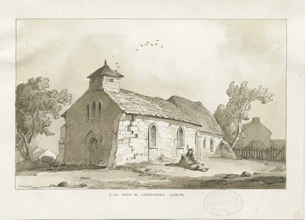 Coppenhall Church: sépiová kresba od Thomas Peploe Wood