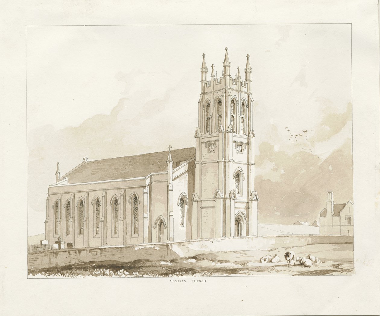 Coseley Church: sépiová lavírovaná kresba, nd [1841] od Thomas Peploe Wood