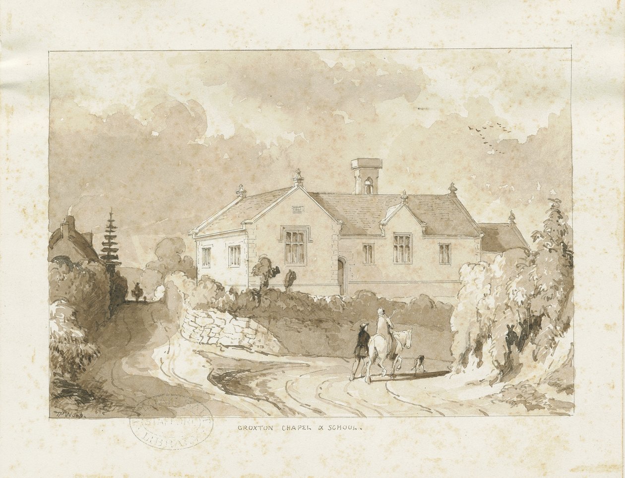 Croxden - Kaple a škola: sépiová lavírovaná kresba, nd [1817-1845] (kresba) od Thomas Peploe Wood