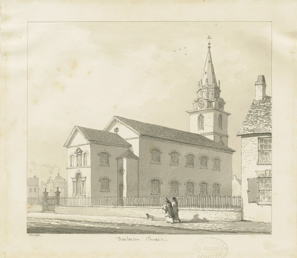 Darlaston Church: sépiová kresba, 1836 od Thomas Peploe Wood