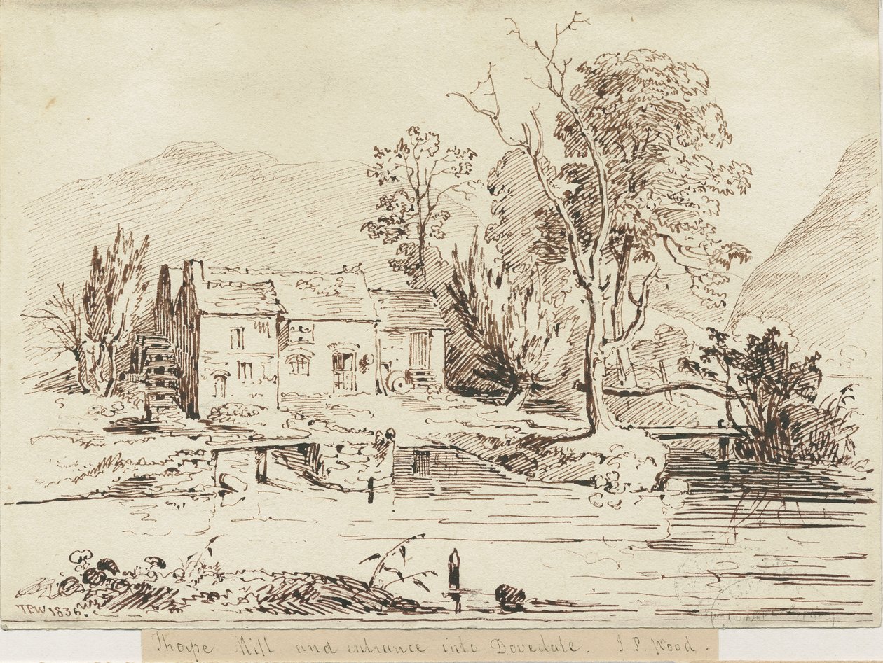Dovedale - Thorpe Mill: kresba perem a sépií od Thomas Peploe Wood