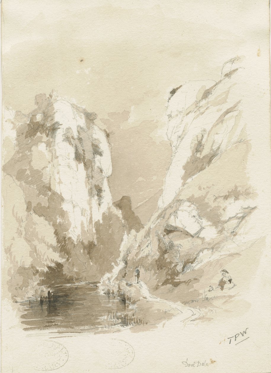 Dovedale - krajina: tužka a lavírovaná kresba, nd [1817-1845] (kresba) od Thomas Peploe Wood