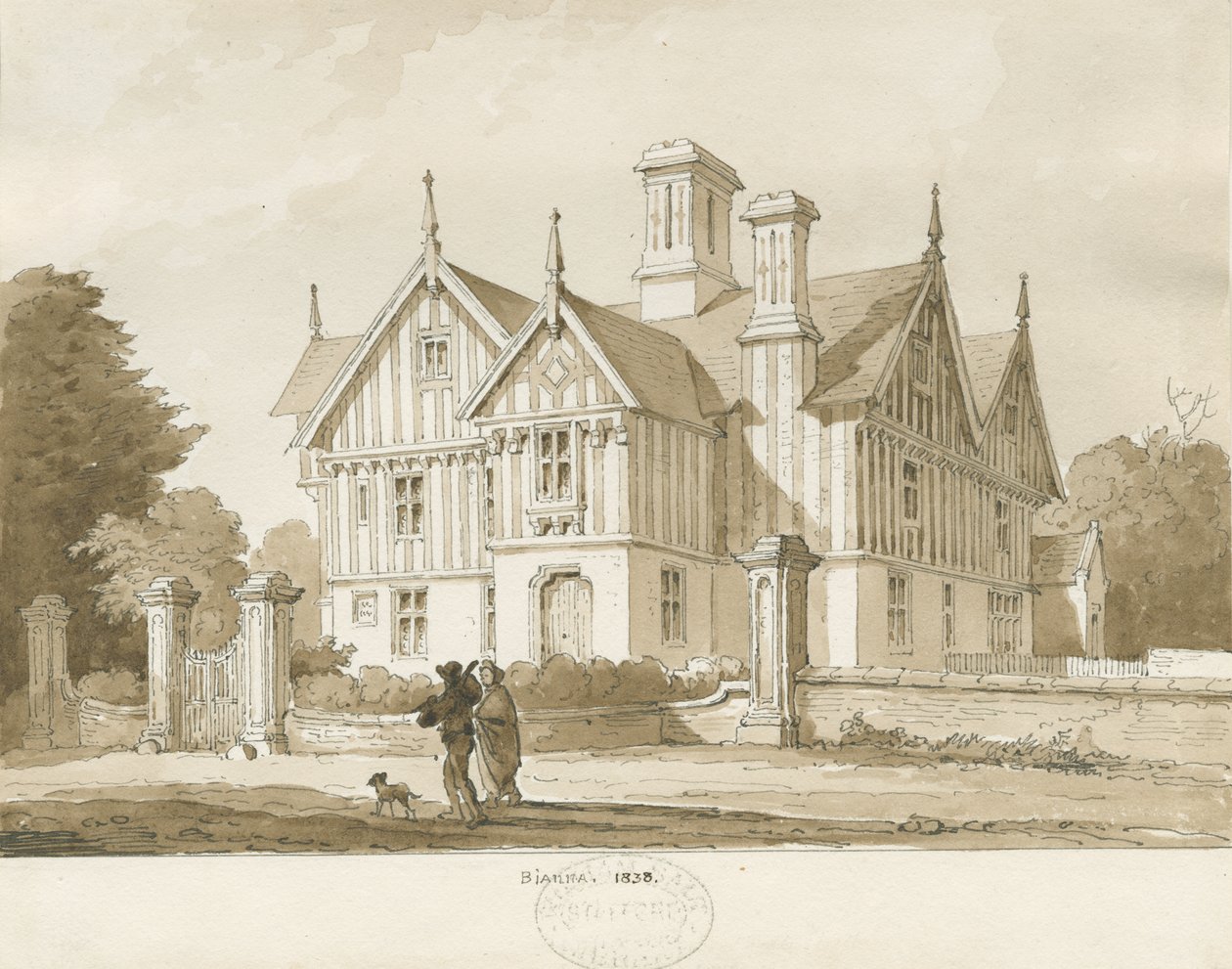 Eccleshall - Biana Hall: sépiová kresba, 1838 od Thomas Peploe Wood