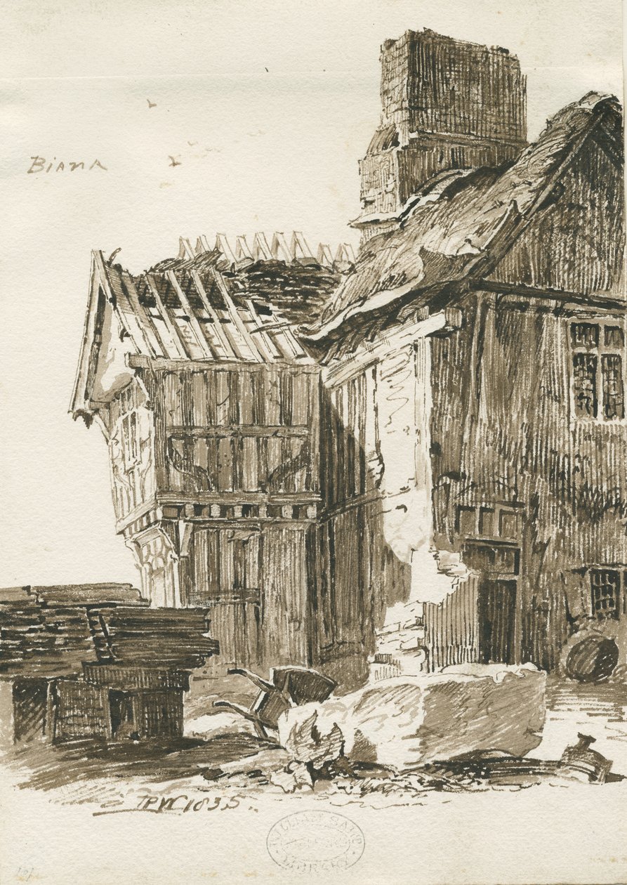 Eccleshall - Biana Hall: sépiová kresba perem, 1835 od Thomas Peploe Wood